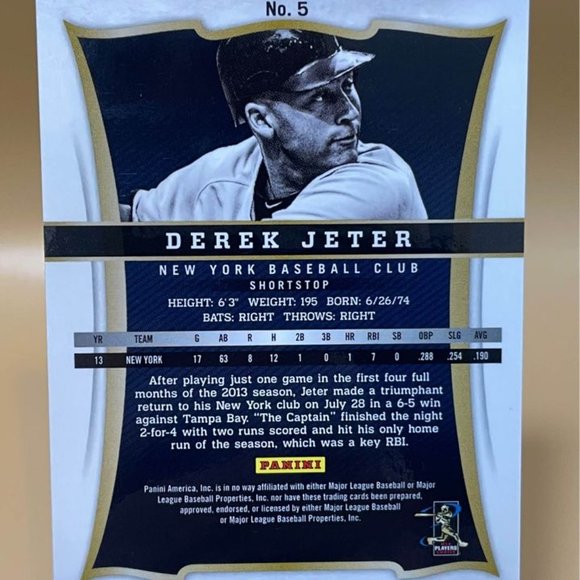2013 Panini Select Derek Jeter New York Yankees Card #5 - Picture 5 of 5